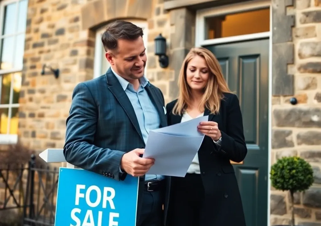 Couple reviewing paperwork outside a Yorkshire stone terraced house for sale