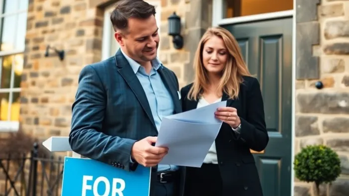 Couple reviewing paperwork outside a Yorkshire stone terraced house for sale