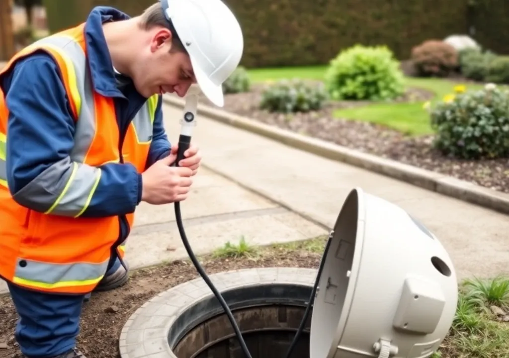 Drainage engineer feeding a CCTV survey camera into a manhole