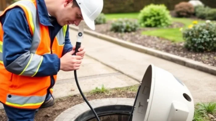Drainage engineer feeding a CCTV survey camera into a manhole