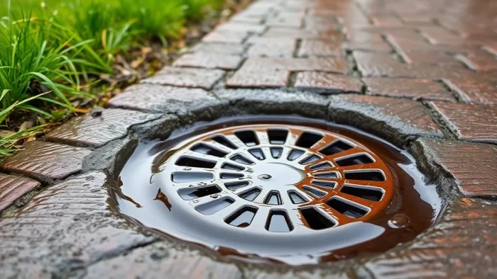 Water pooling around a blocked drain on a residential driveway