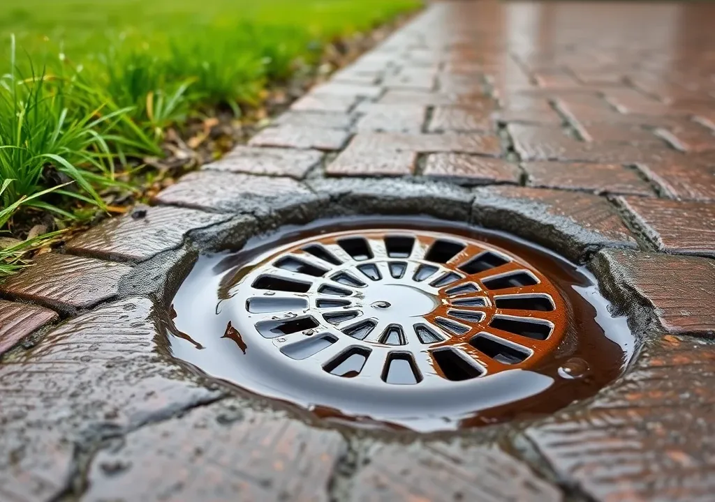 Water pooling around a blocked drain on a residential driveway