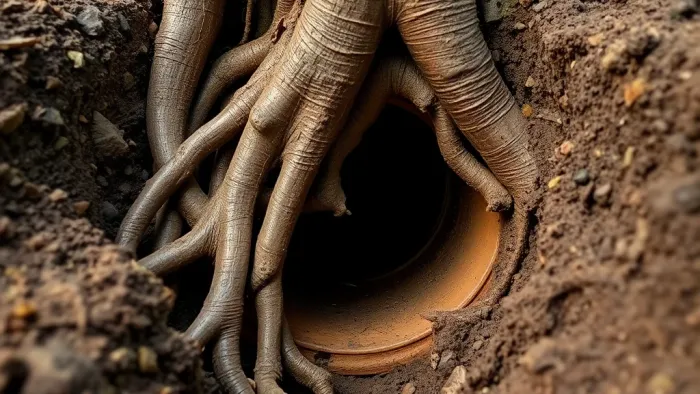 Tree roots breaking through a clay drain pipe in an excavated trench