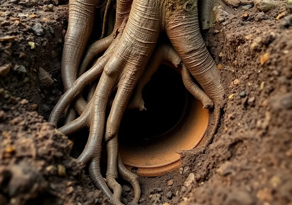 Tree roots breaking through a clay drain pipe in an excavated trench