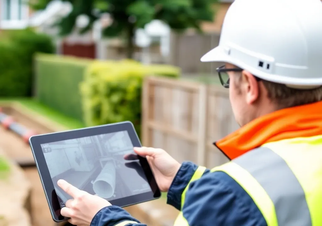 Drainage engineer reviewing CCTV pipe inspection footage on a tablet