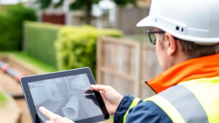 Drainage engineer reviewing CCTV pipe inspection footage on a tablet