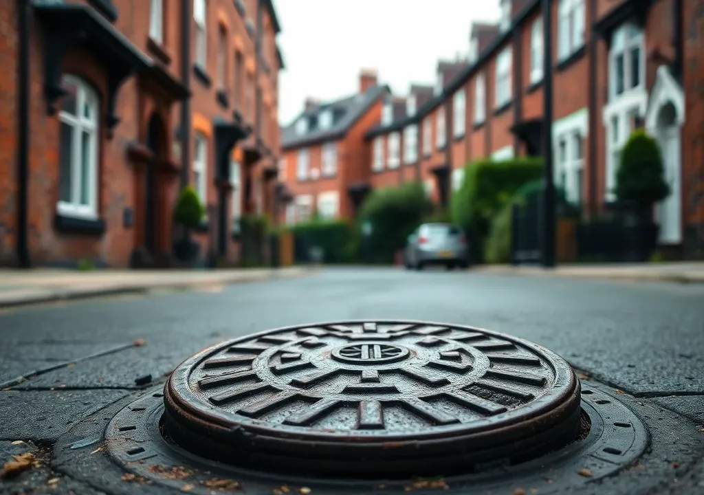 Drainage manhole cover on a Yorkshire residential street