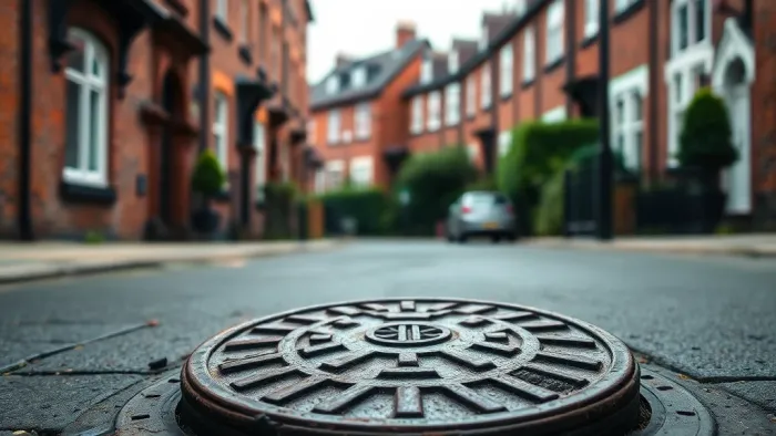 Drainage manhole cover on a Yorkshire residential street